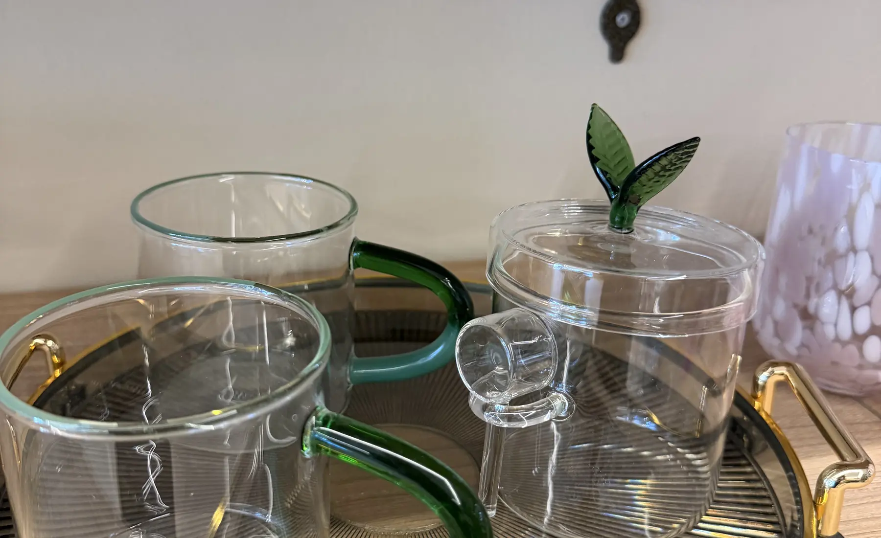 Glassware on a gold tray inside House of Khayal